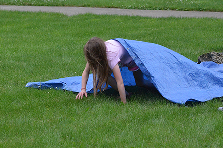 Child Emerges from Under Tarp